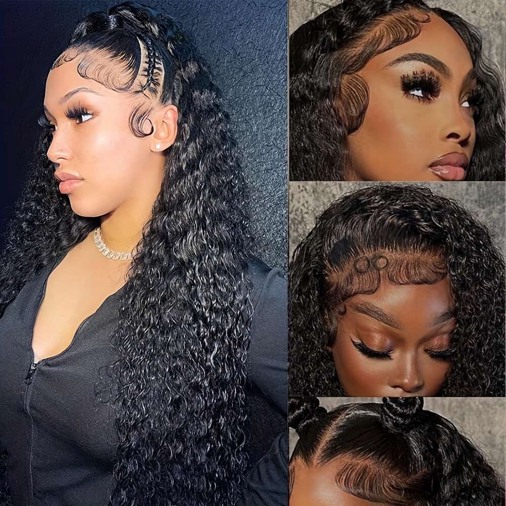 ESTILAR Deep Front Water Wave Curly Natural Black 13X4 HD Lace Frontal Wig Full And Thick Human Hair Wigs for Halloween Christmas Festivals