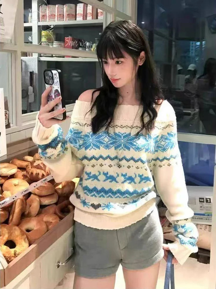 Sweet Jacquard Knit Sweater Women Slash Neck Off Shoulder Long Sleeve Pullovers Vintage Striped Print Korean Harajuku Jumpers 251023