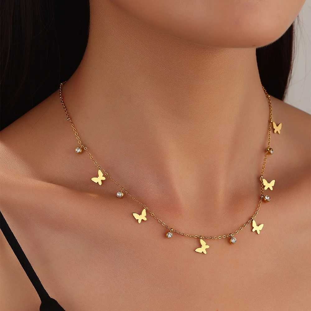 316L Stainl Steel Butterfly Tassel Pendant Necklace For Women Fashion Gold Color Zircon Charms Chain Necklaces JewelryXJ251024