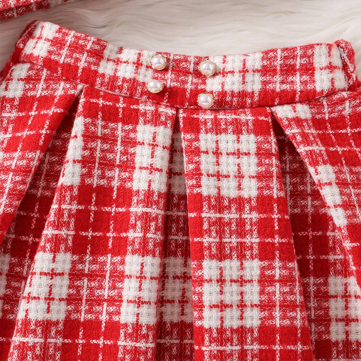 Girl designer fashion two-piece cross-border wholesale autumn and winter patch plaid jacket red pleated skirt set