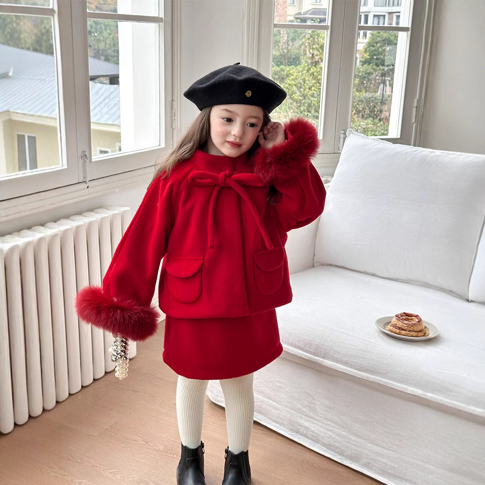 New Fashion Design Fox Leather Detachable New Year's Red Wool Coat and Skirt Fashion Set for Girls