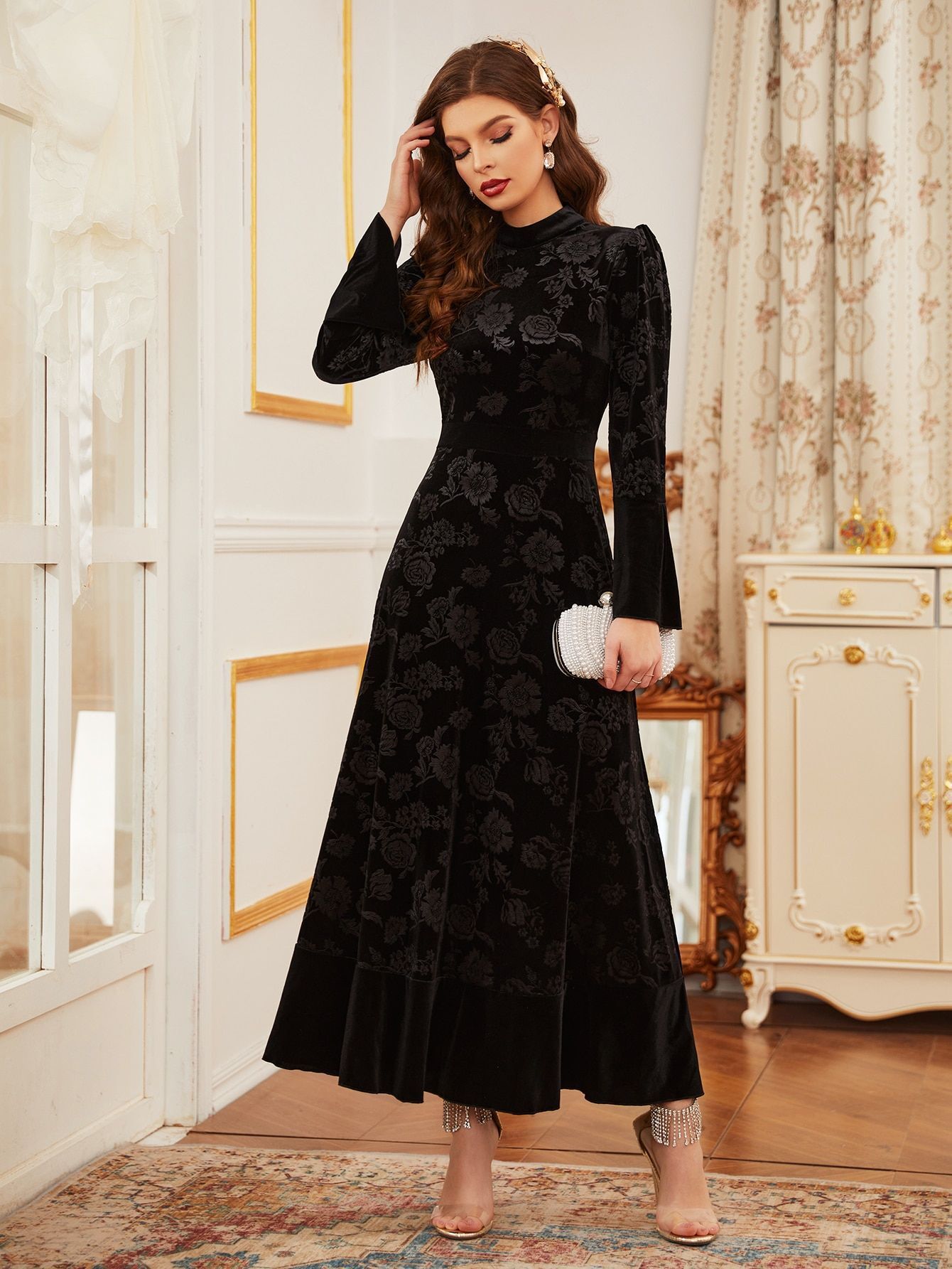 Designer Fashion Autumn/Winter New Style European and American Women's Elegant Silk Fleece Lace Long Sleeve Dress