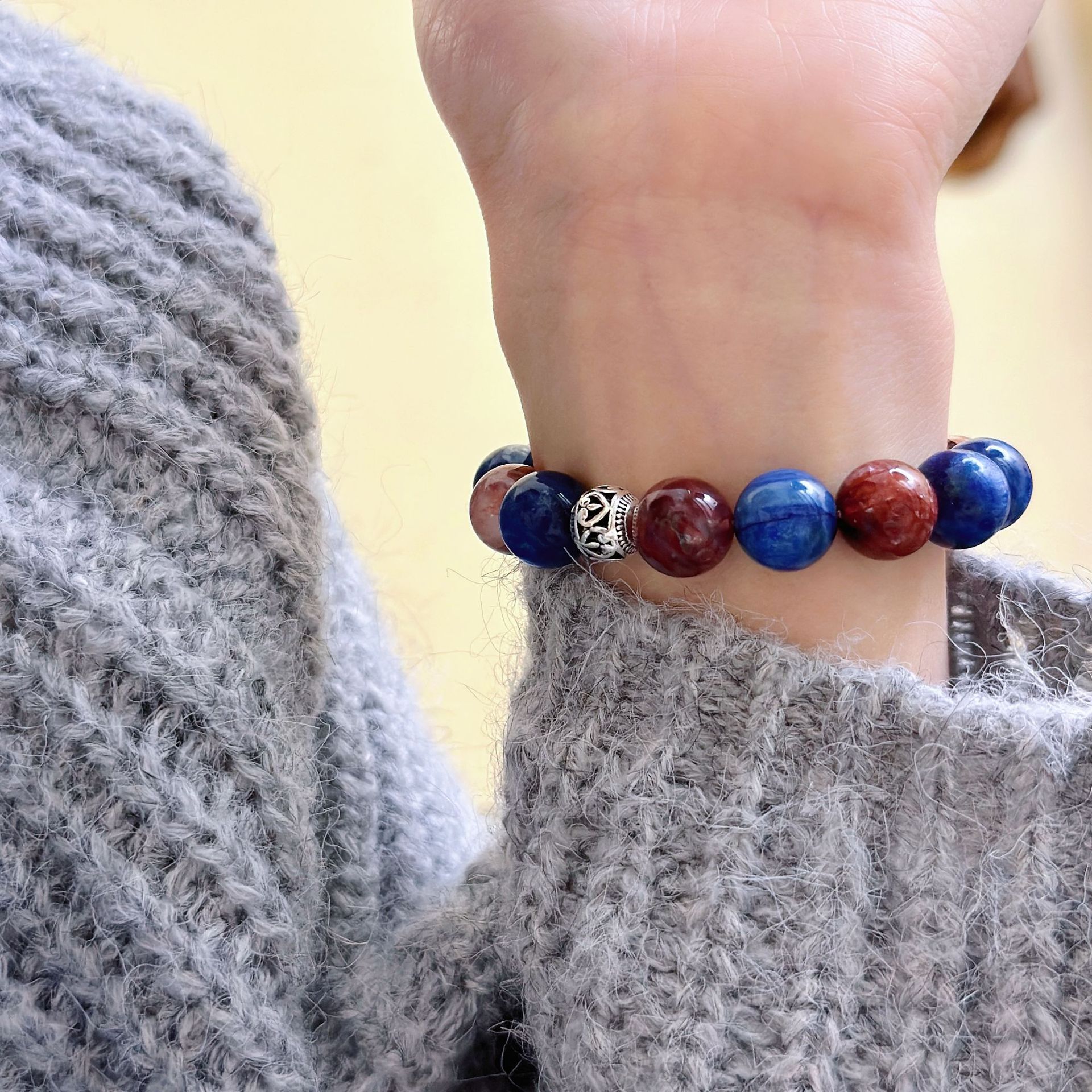 Luxury Unisex Handmade Natural Blue Calcite Wristband with Mixed Colors of Red Corals and Blue Stones