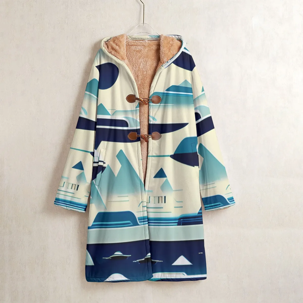 DHgatepod Men's Longline All-Over Print Toggle Coat - Plush Brushed Knit Trench with Hood for Streetwear & Performance