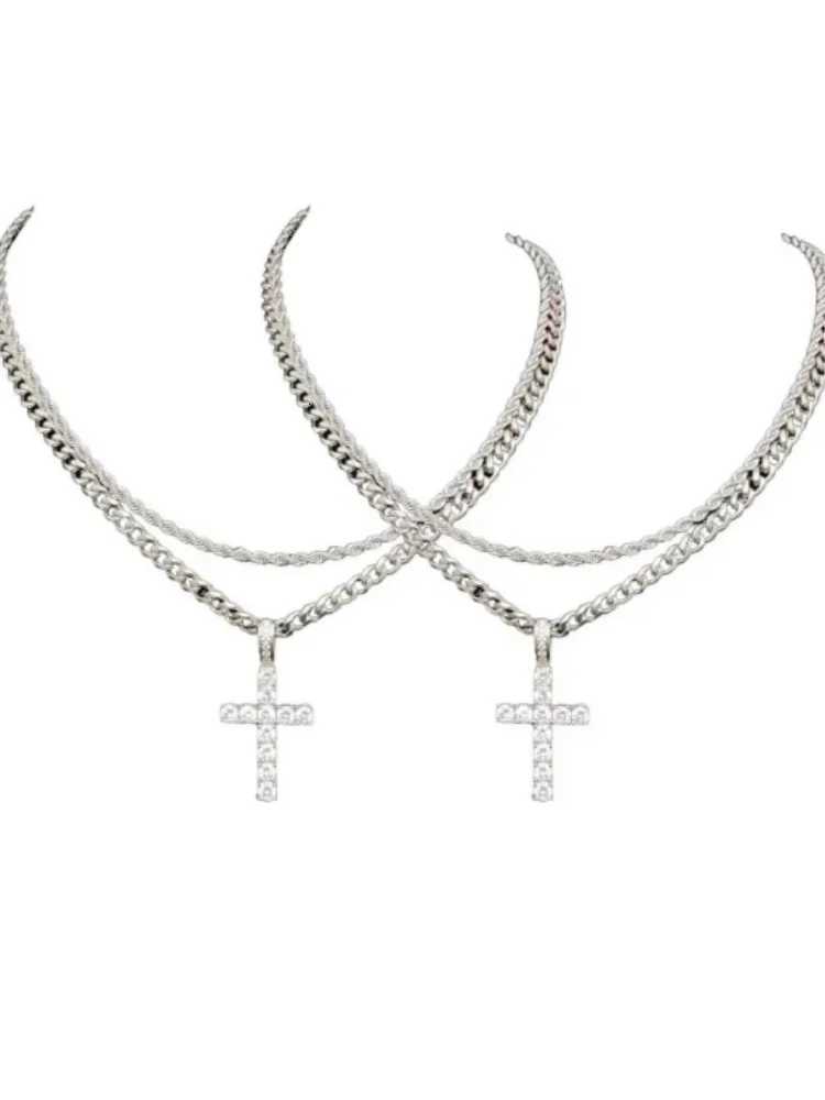 Fashionable Double Chain Set Cross Unisex 3mm Layered Cuban Chain Necklace Set Minimalist Jewellery Gift 2024 Inches GiftXJ251024