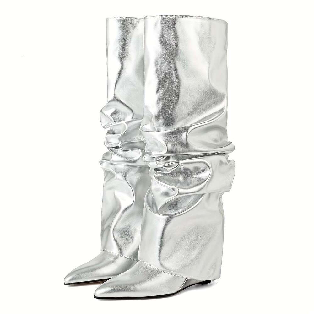 Knee Shark For Women, Fold Over Ruched Slouchy Pleated With Wedge High Heels Pointed Toe Pull On Mid Calf Boots