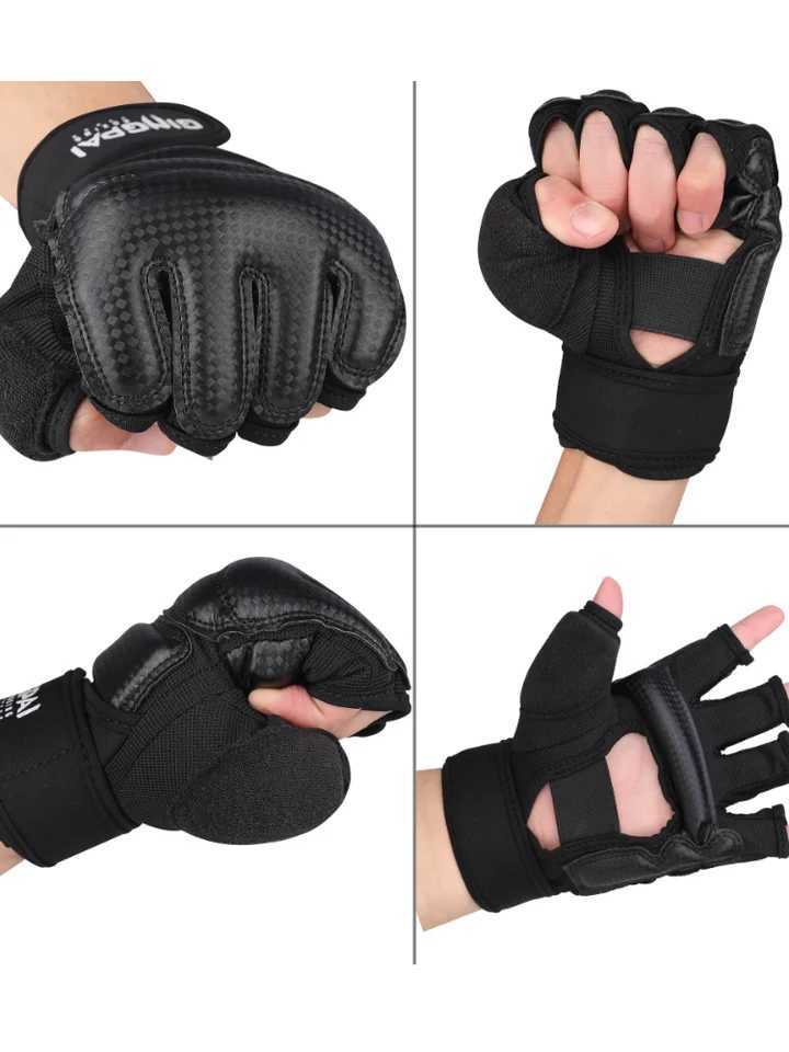 PU Half Finger Taekwondo Gloves TKD Protector Fighting Mitts MMA Gloves Karate Hands Protector Boxing Gloves Black Color Y251023