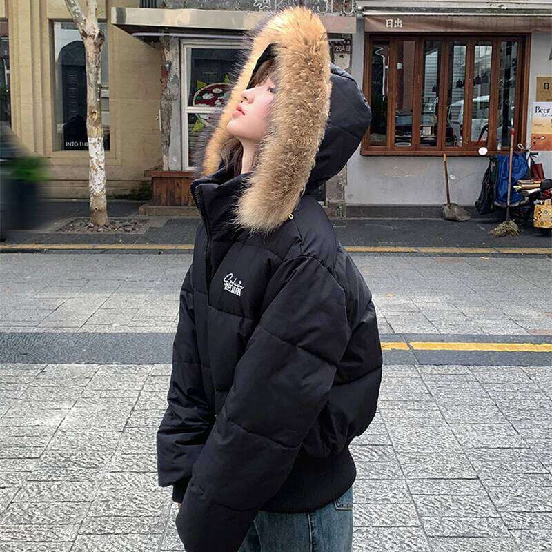 Winter Korean Street Fur Hooded Jacket Women Fashion All Match Puffer Down Cotton Parka Coat Cotton-Padded Cropped Parkas