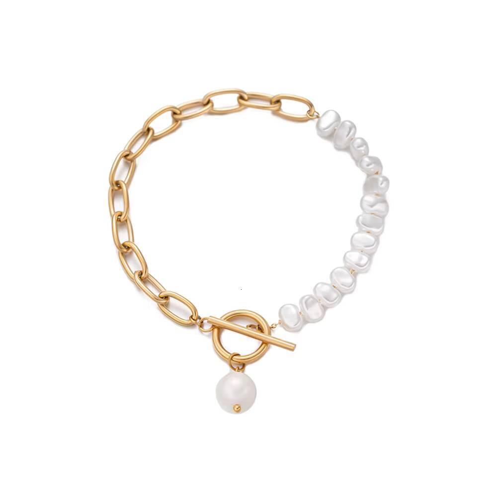 High Quality Punk Fashion Retro Asymmetrical Chain Pearl Beaded Buckle Luxury Titanium Steel Bracelet for Women