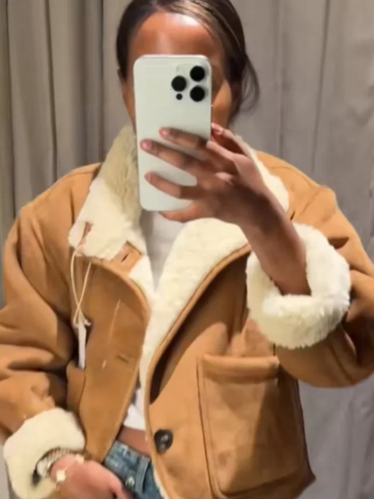 Lamb Wool Cropped Lapel Jackets Women Casual Singlebreasted Loose Warm Stand Collar Coats Commute Office Lady Outerwears 251021