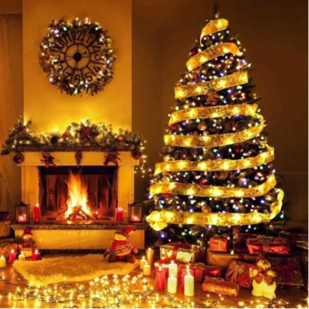 Christmas Ribbon Fairy Light Christmas Decoration For Home 2026 DIY Bows String Light Tree Ornaments Xmas Decor New Year 2026 C251024