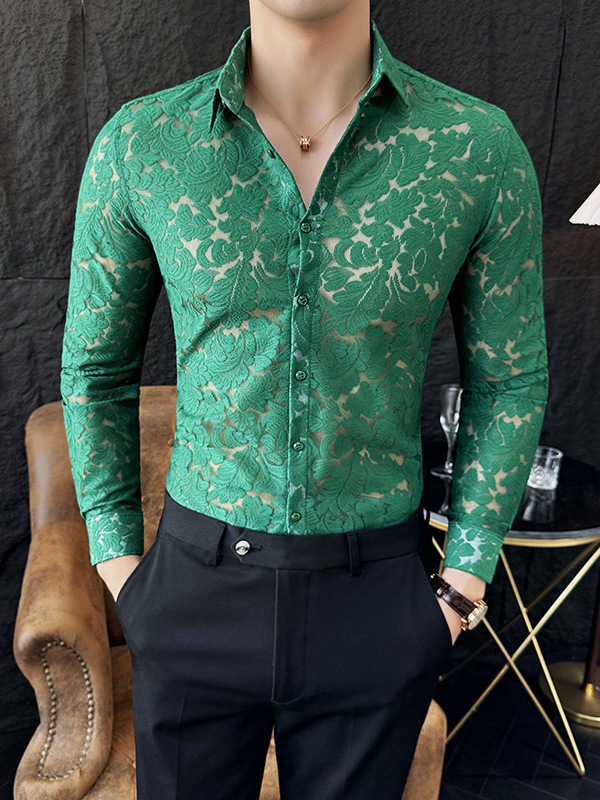 Quality Hollow Shirts For Men Korean Clothing Fashion Sexy Lace Mens Social Shirt Dress Slim Fit Long Sleeve Prom Tuxedo 250304