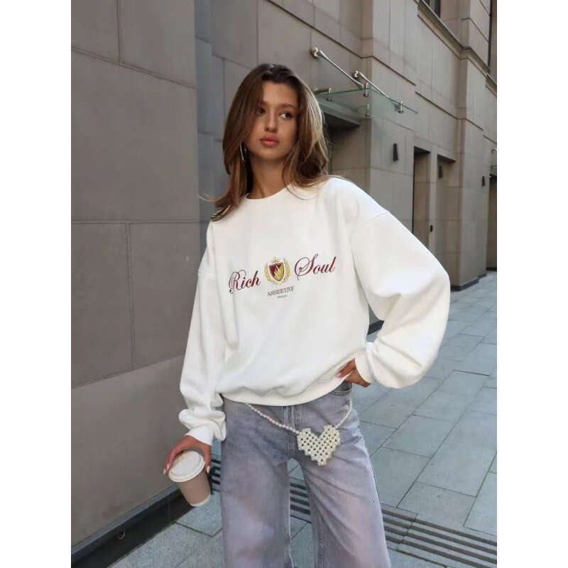 2025 Autumn Winter New Casual Versatile Loose Fleece Thickened Fashion Printed Pullover Crew Neck Sweatshirt for Women
