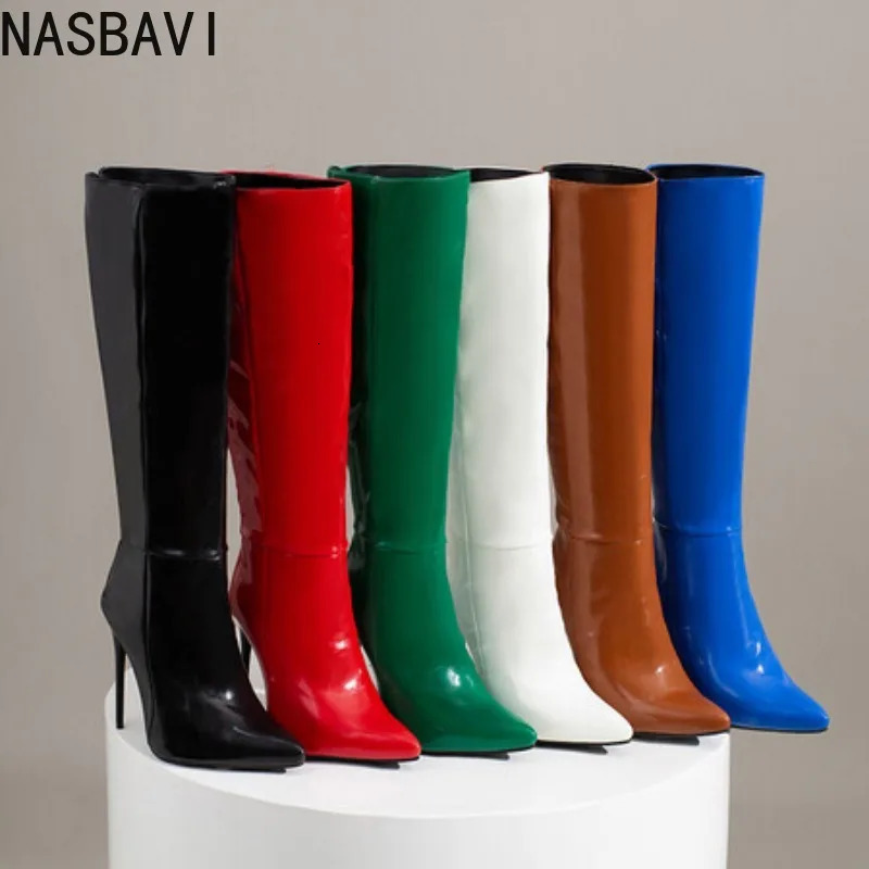 NASBAVI Womens Knee High Boots Sexy Red Blue Black Heeled Long Boot Female Large Size 48 Autumn Winter Party Shoes Ladies 251023
