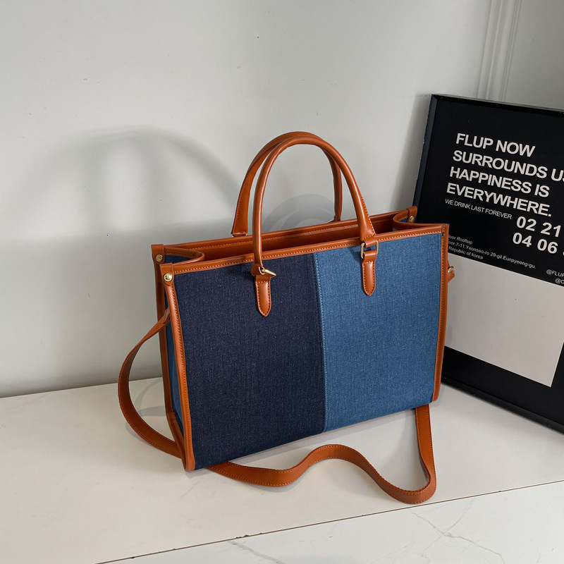 New autumn and winter women's large capacity shoulder bag new color blocked denim luxury handbag versatile commuting bag simple casual tote bag