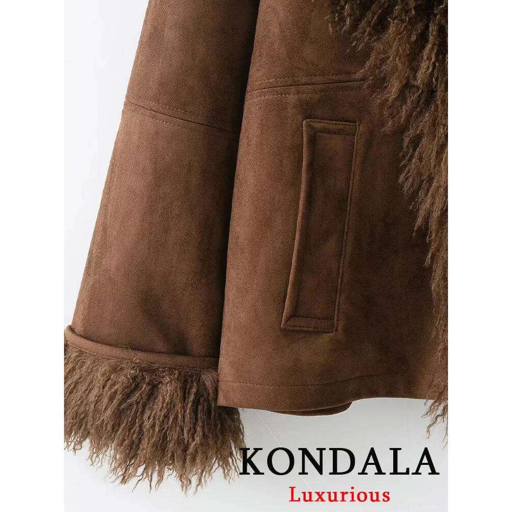 Vintage Chic Brown Faux Fur Jackets Long Sleeve V Neck Pockets Loose Fashion 2025 Autumn Winter Thick Warm Coats