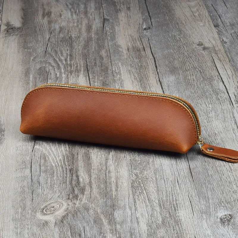 Handmade Genuine Leather Pencil Bag Retro Simple Stationery Holder Pen Case Storage Bag Zipper Pencil Pouch Glasses Case Z251023