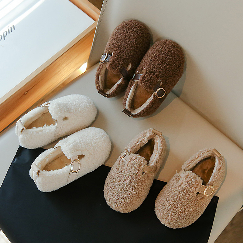 Kids Loafers Shoes for Girls Toddler Flat Fur Cover Toe Warm Shoes Kidszworld Child Girl Non Slip Plush Loafers Princess Shoes Sizes 21- 30 Size US5.5