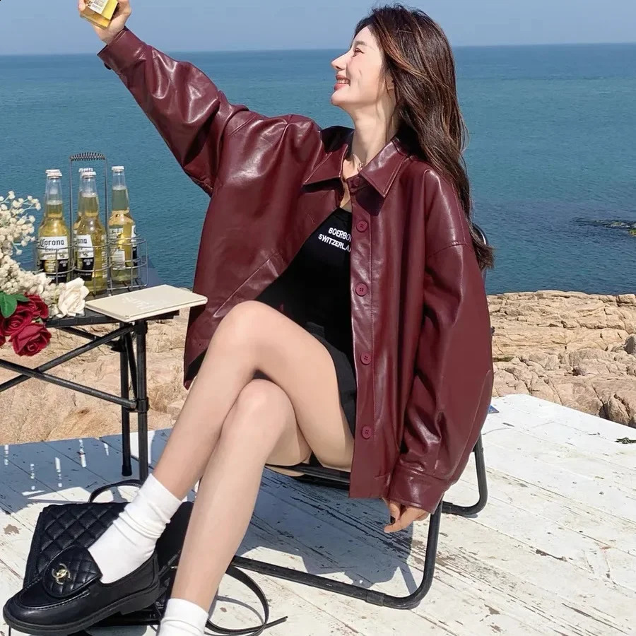 Red PU Leather Jacket Womens Short Casual Loose Vintage Coat Spring Style Small Size Top for plus Women 251018