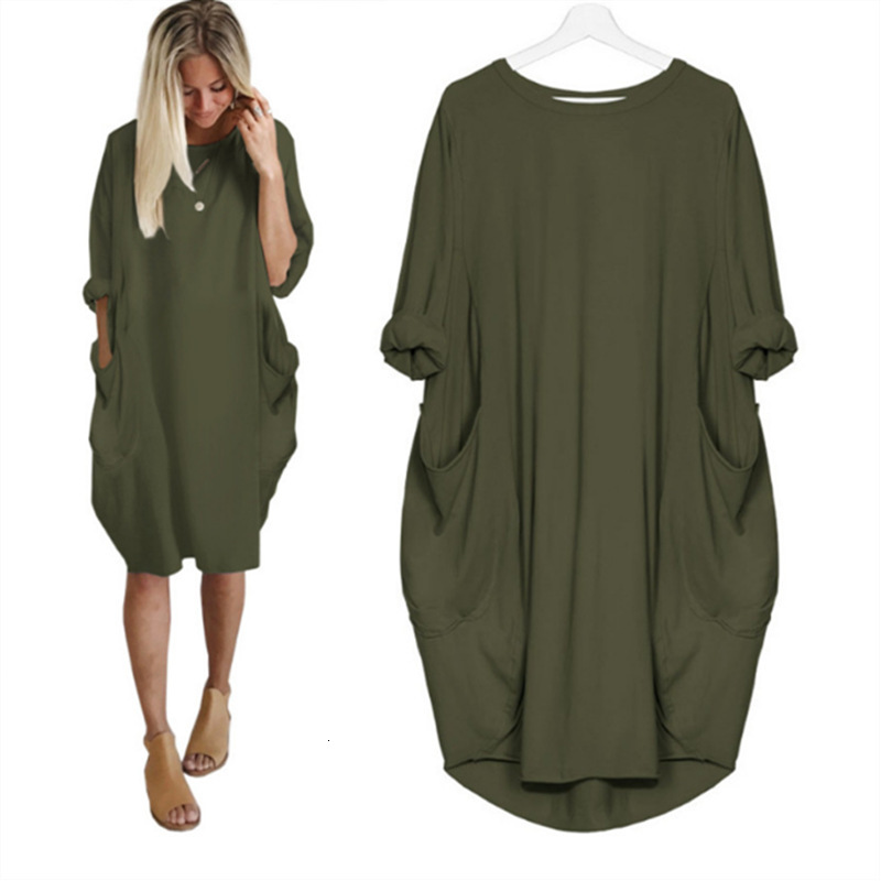 Women's Casual Loose Pocket Long Sleeve Plus Size Dress for Chubby Sisters