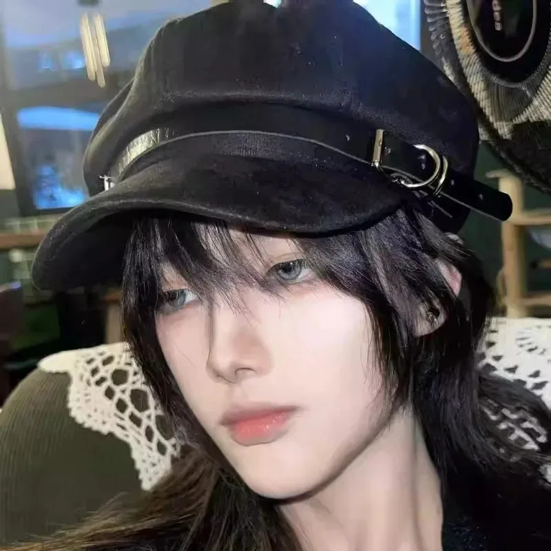 Y2K Punk Leather Beret Gothic Cross sboy Cap British Style Adjustable Cap Unisex Subculture Painter Hat Retro 251021