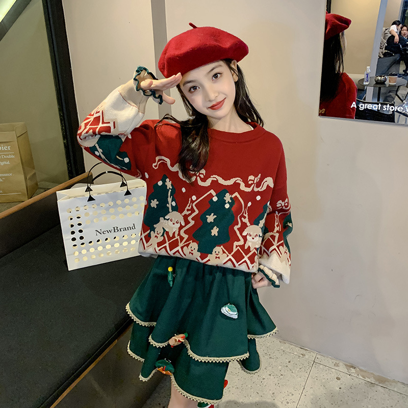 Girl Fashion Design Autumn/Winter Red Christmas Sweater Set New Fashionable Big Kids Winter Cake Skirt Two Piece Set