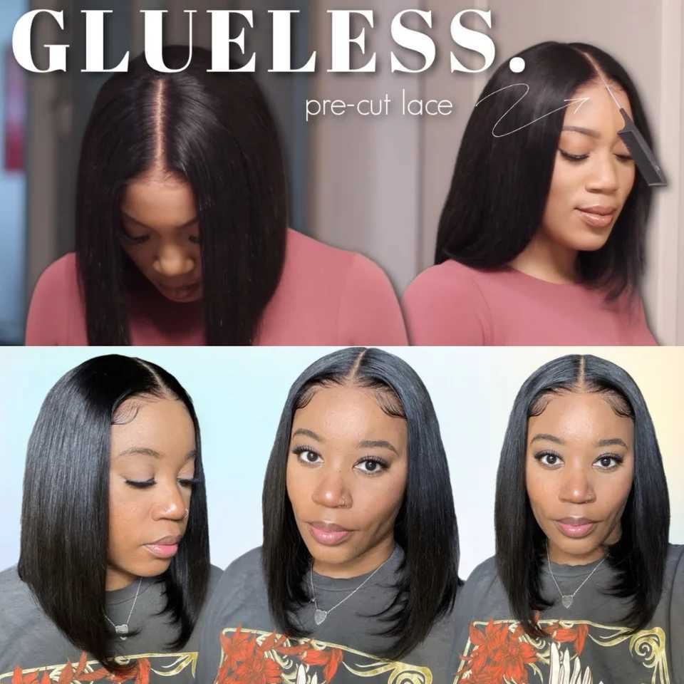 UNice 7x5 Pre Cut Pre Bleached Glueless Wig Silky Straight Bob Wig Short Human Hair Bob Lace Front Wig Human Hair Ready To Wear W251023