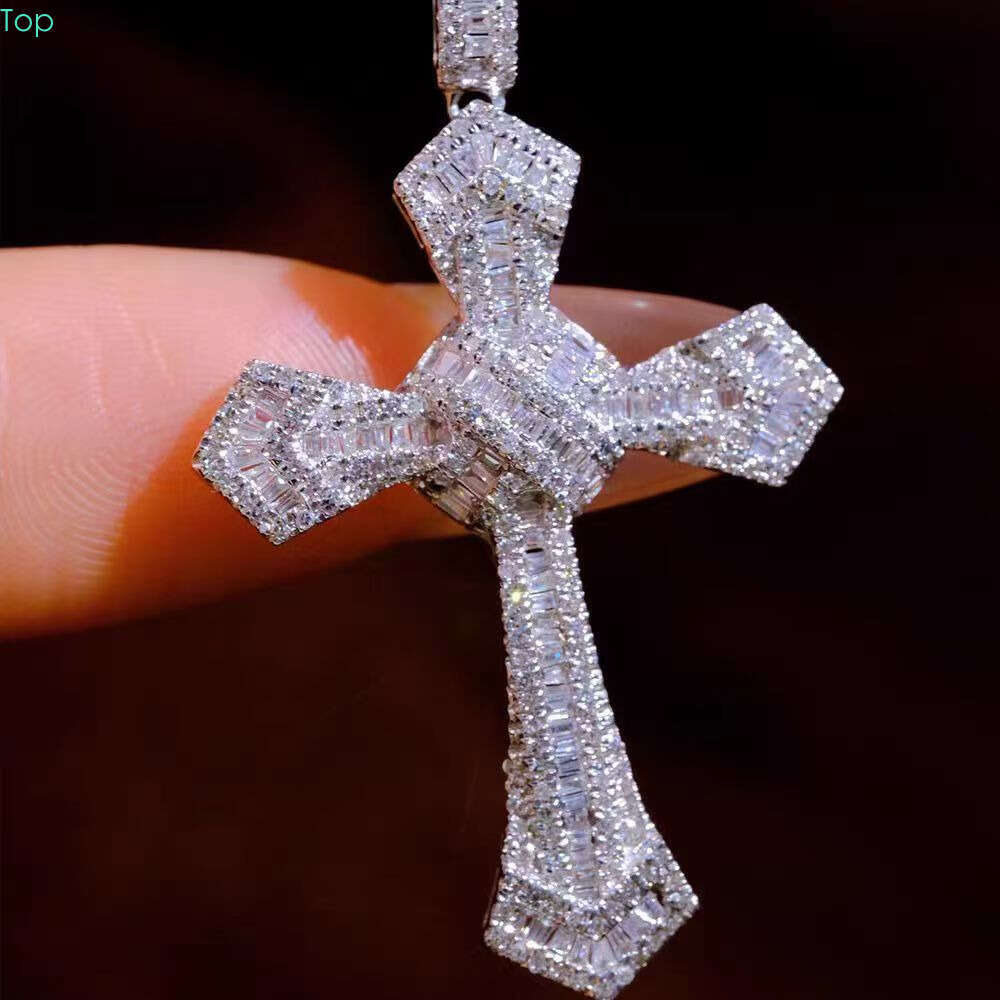 Rulalei Brand Cross Pendant Hip Hop Jewelry Sterling Sier Gold Fill Princess Cut White 5A Cubic Zircon CZ Dia Women Wedding Clavicle Necklace Gift