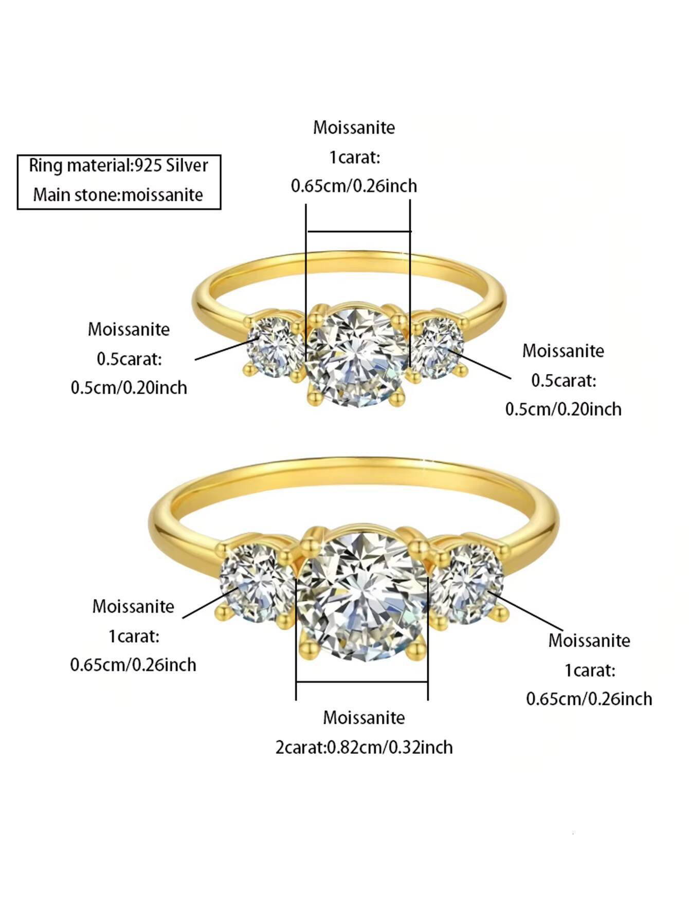 18K Gold Plated Clear Moissanite Ring Waterproof Round Three Cubic Wide Band Ring Trendy Style for Gifts