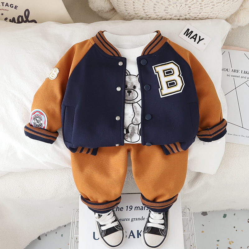 Fashion 2025 Boys Baseball Outfit 3-Piece Set, Color-Blocked Jacket with Pants, Spring Autumn Clothes for Toddlers 1-3 Years Free Shipping