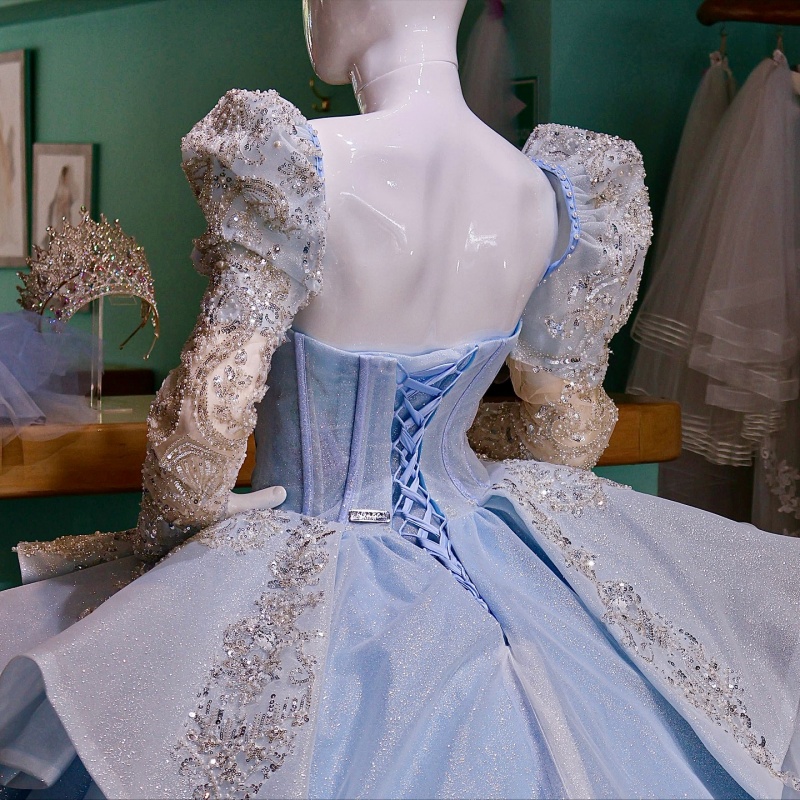 Sky Blue Shiny Quinceanera Dresses Ball Gown Off The Shoulder Sequin Applique Lace Beading Crystal Tull Party Birthday Sweet 16 Dress