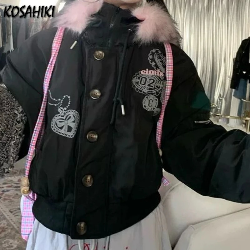 Streetwear Winter Printing Warm Women Parkas Harajuku Loose Casual Fur Patchwork Hooded Jacket Y2k Aesthetic Button Grunge Coat 251023