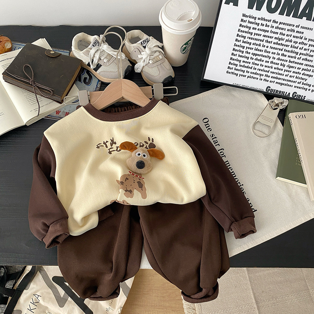 Free Shipping 2025 Cute Kids Hoodie Set 2-Piece, Cute Puppy Dog Plush Design, Boys Spring Autumn Casual Outfit