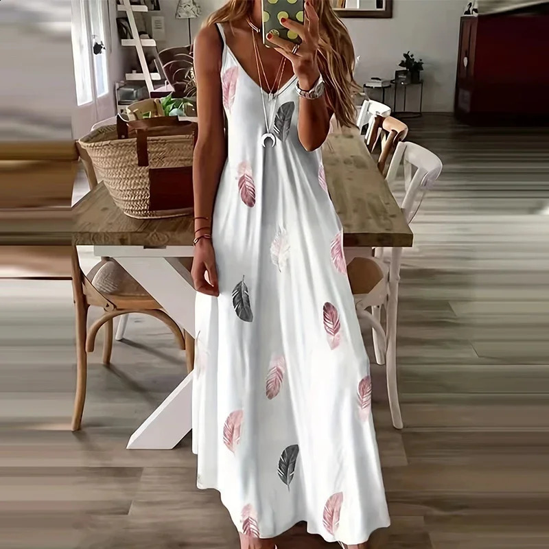 8Colour AllSeason Chic Feather Print Maxi Dress Casual VNeck Comfort Stretch Easy Care 251020