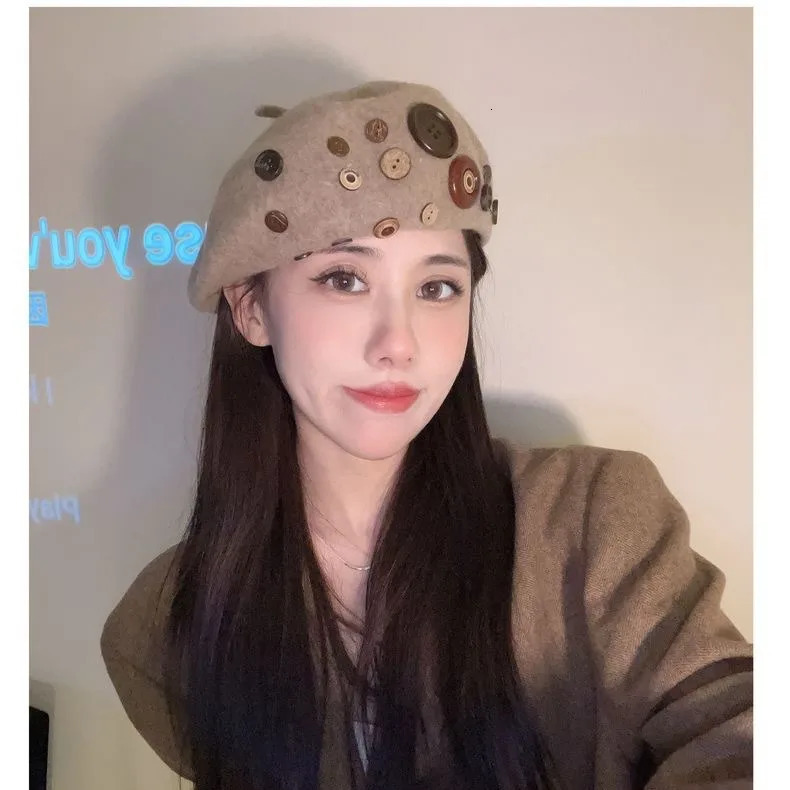 Autumn Wool Beret Brown Button Artist Cap Korean Style 8Panel Hat for Women 251023