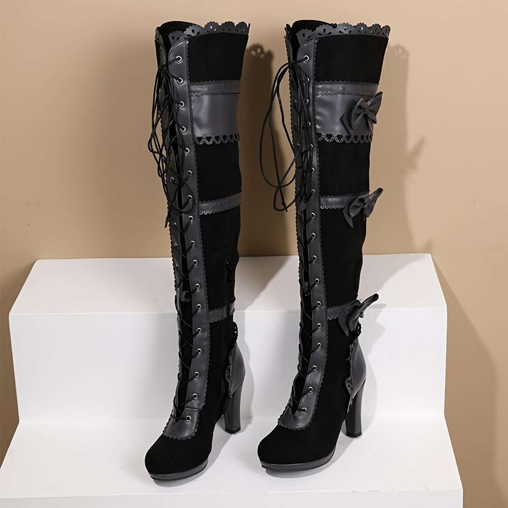 AMINUGAL Women's Steampunk Gothic Pirate - High Heel Over-The-Knee Lace-Up Thigh Boots With Bowknot Detail, Chunky Mid-Heel, PU Cover & Rubber So