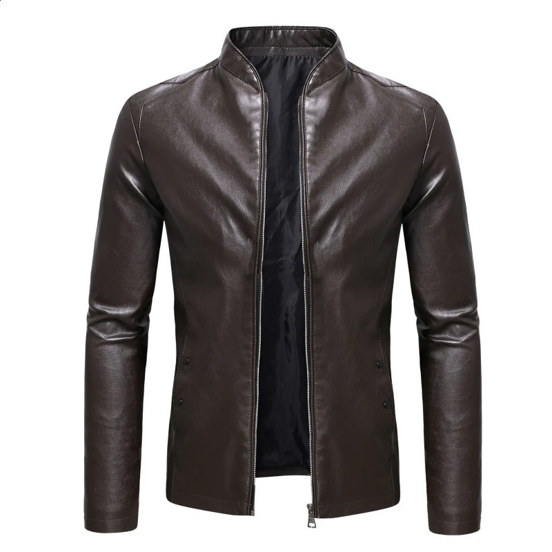 2024 Spring Mens Business Casual Slim Longsleeved Pu Leather Jacket Side Seam Pocket Zipper Solid Color 251015