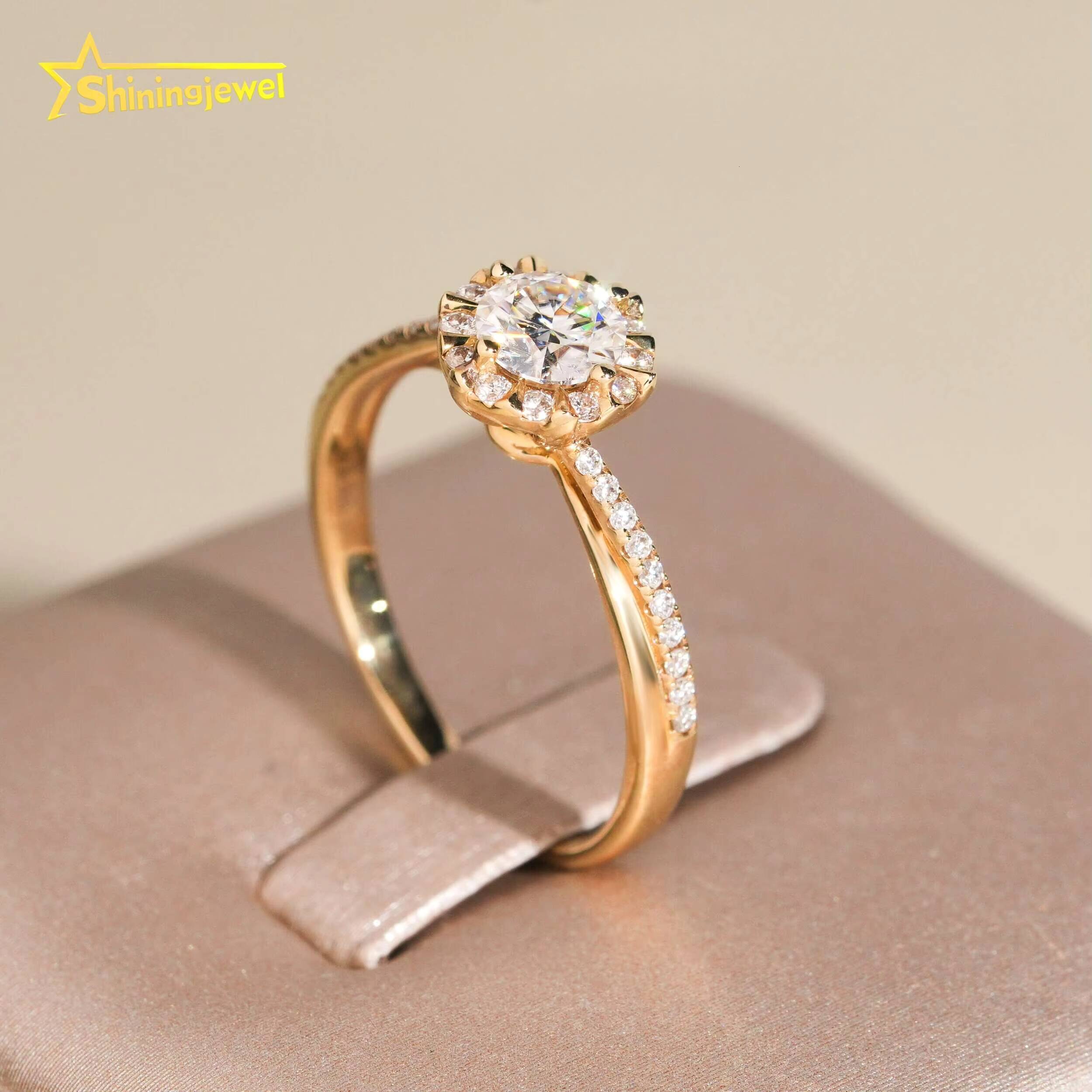 14K Solid Gold Halo Ring Round Cut Moissanite Engagement Rings for Women Pass Diamond Tester