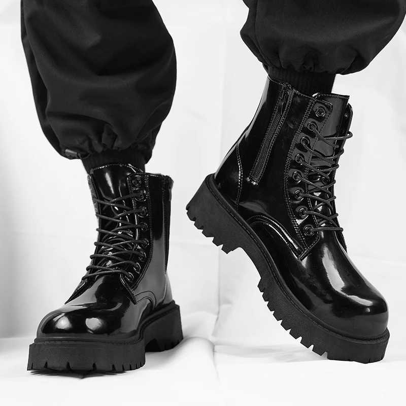 Men Shoes Couple Leather Boots Men Women Unisex Outdoor Casual Shoes Leather Motorcycle Boots High Top Glossy Mens Ankle Boots W251024