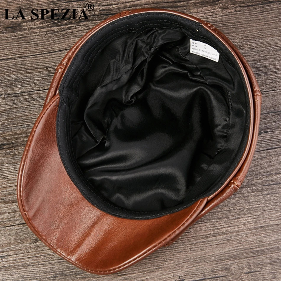 LA SPEZIA Black sboy Hats For Men Genuine Cowskin Leather Octagonal Cap Male Autumn Winter Fitted Vintage Duckbill Hats Beret 251021