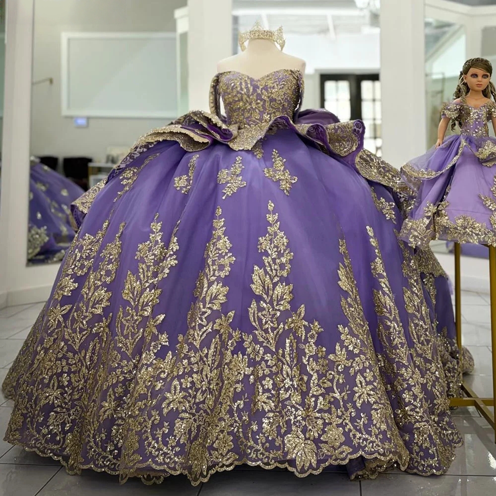 Lilac Purple Quinceanera Dresses 2025 Strapless Poncho Sequin Applique Boning Corset Lace vestido de 15 anos sweet 16 dress