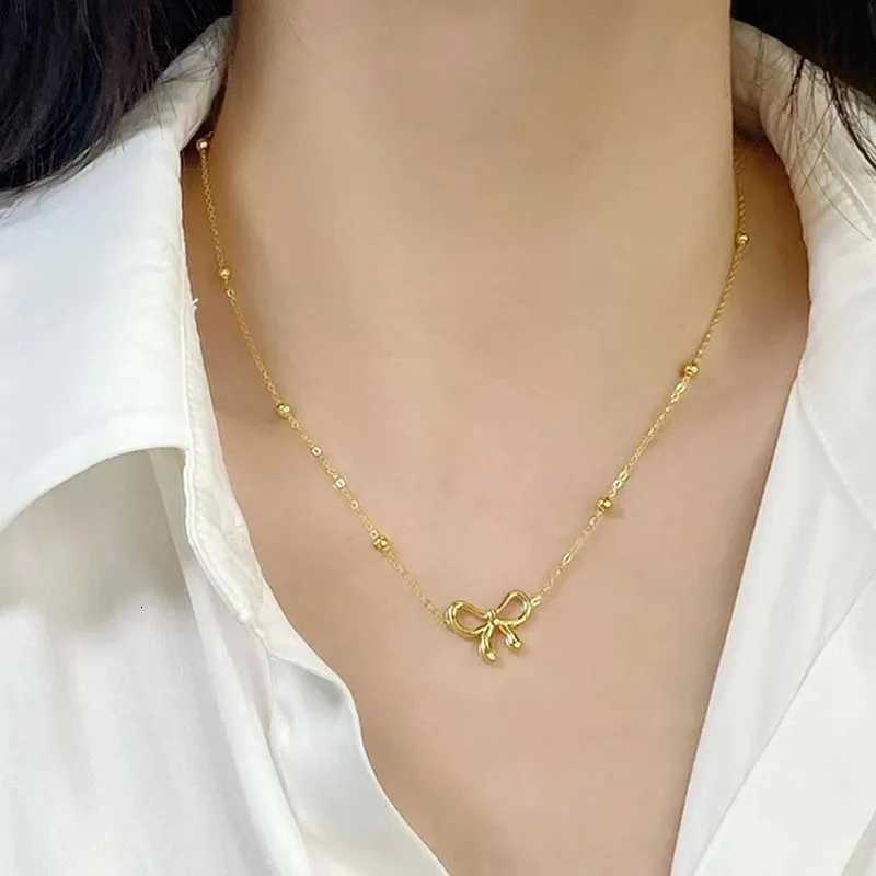ANENJERY L316 Stainl Steel Beads Chain Hollow Bowknot Pendant Necklace for Women Niche Simple Jewery AccoryXJ251024
