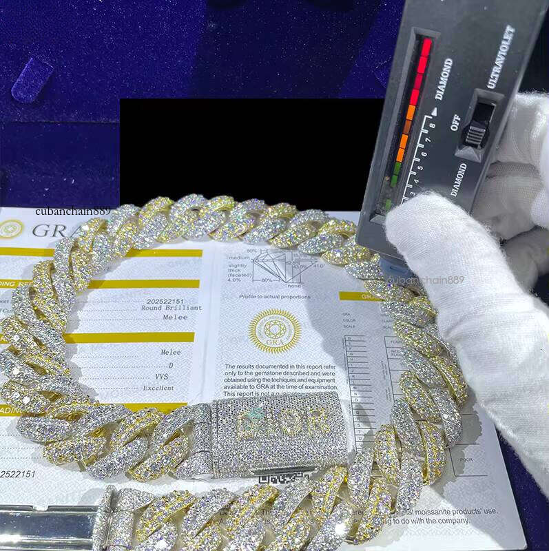 Designer necklace Hip hop jewelry bracelet necklace20mm Cuban VVS Fine Jewelry Necklace Men's Two-tone Sier Charm Silicon Stone Chain