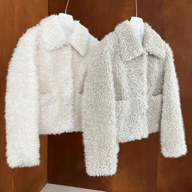Lamb Fur White Shearling Jacket Womens Autumn Winter Short Lapel Plush Thickness 251021