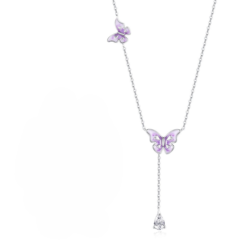 TaiYang New S925 Sterling Silver Fluorescent Butterfly Necklace, Blue-Purple Glow Fringe Pendant with Ethereal Fairy Core Aesthetic
