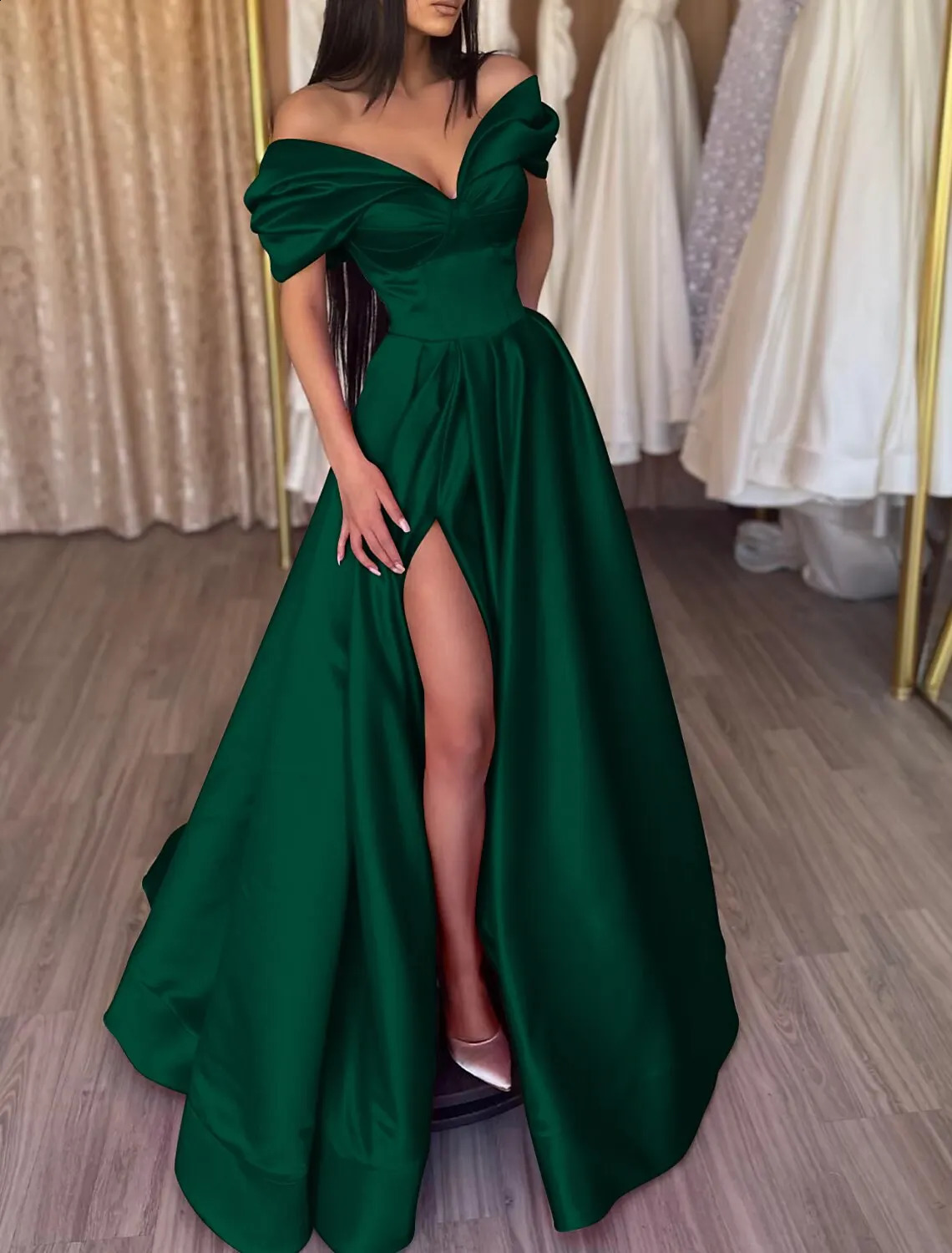 RFYR Elegant Pleats Prom Gown Satin Side Slit Evening Dress Off Shoulder Party Prom Dress For Women robes de soire Customized 251023