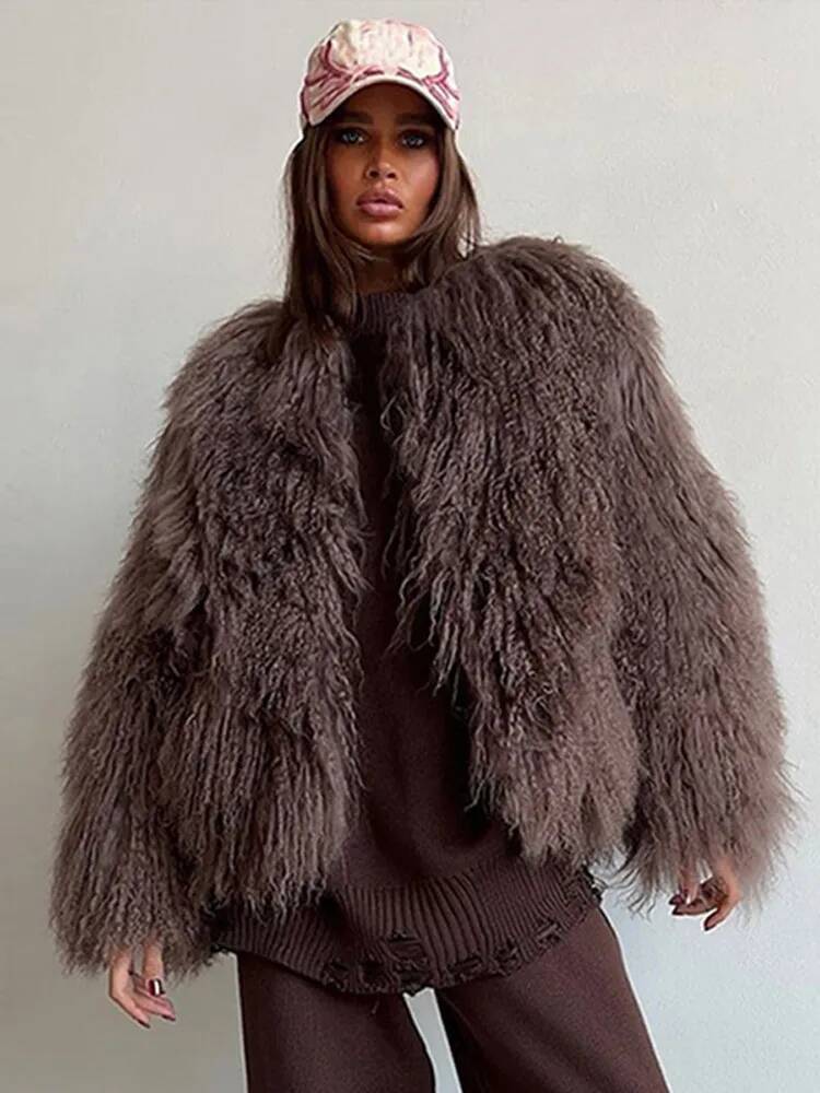 Brown Fluffy Faux Fur Thicken Jacket Elegant Female O Neck Long Sleeves Short Coats Autumn Winter Lady High Street Outerwear dongdumaoyi