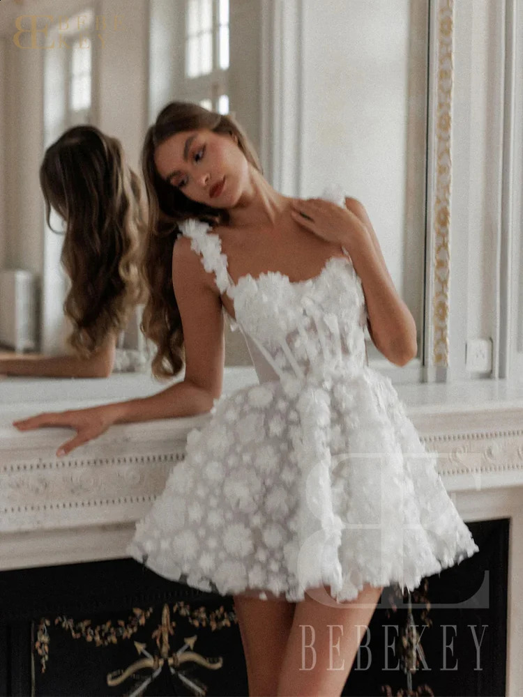 BEBEKEY Customized 3D Flower Mini Prom Dresses Short Spaghetti Straps Aline Lace Evening Party Dress Formal Party Gown Robe 251023