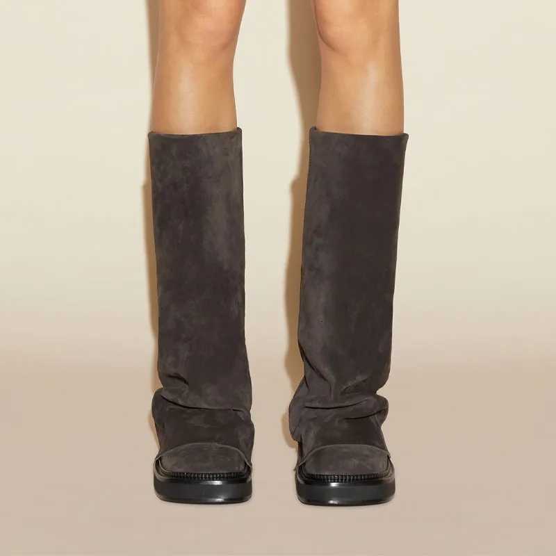 Brand Fashion 2024 New Autumn And Winter Round Head Long Boots Leather shoes Metal Knight Boots Fold Flat Boots Punk Style X260526