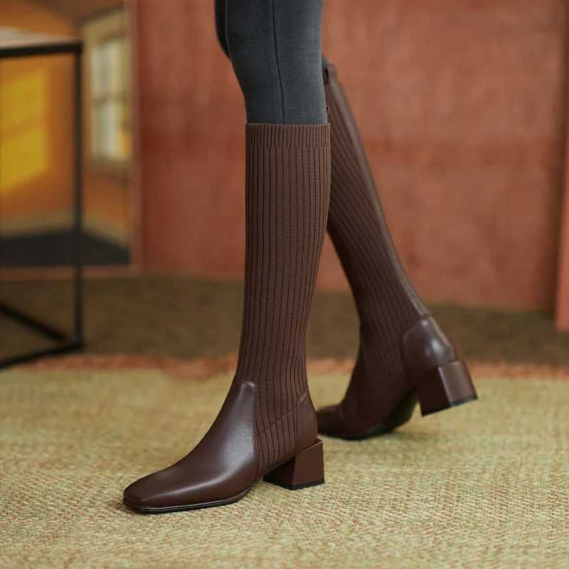 Women Knitted Long Boots Autumn Winter New Knee High Socks Shoes Woman Fashion Slip on High Heels Retro Elastic Botas Mujer W251024